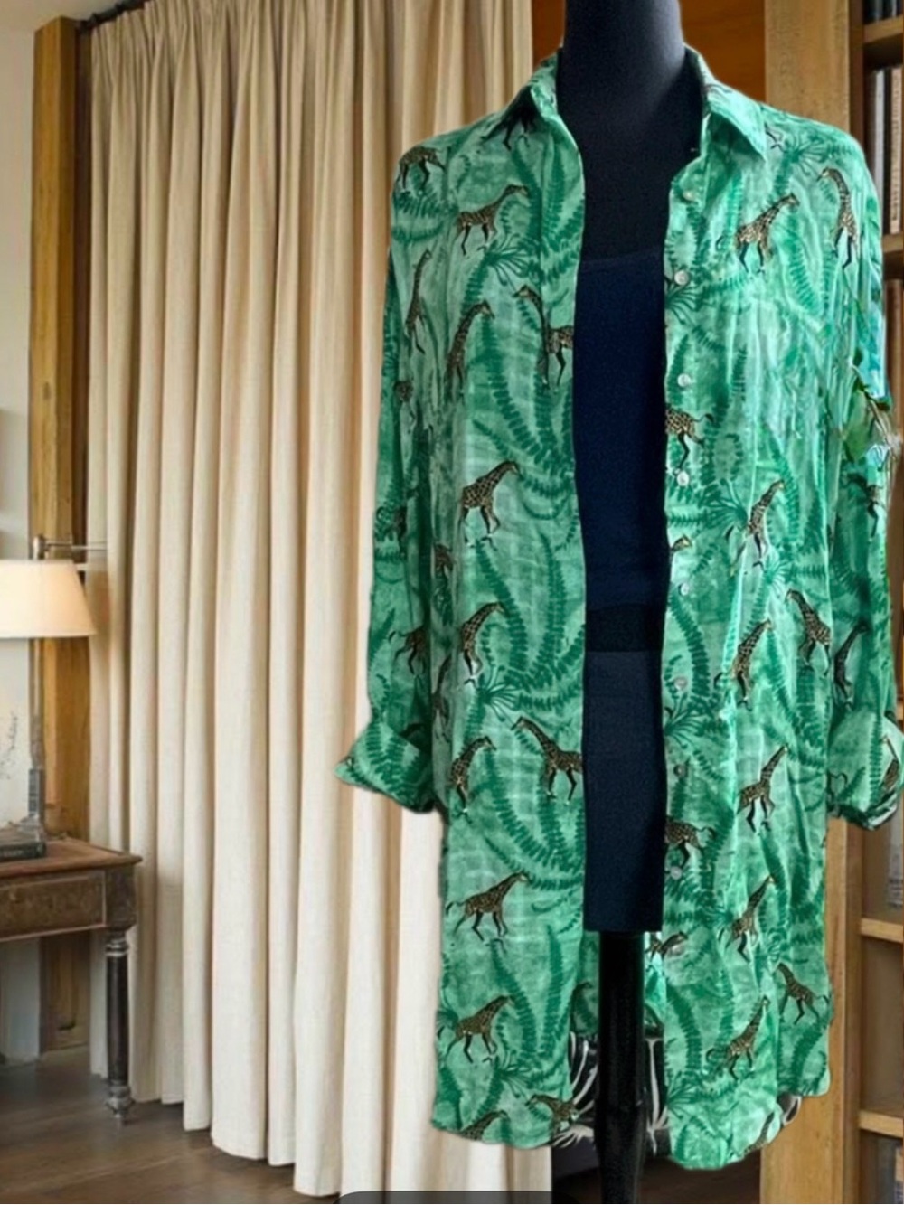 Jane + Delancey Giraffe Print Green Button Front Shirt Dress Swimsuit Cover-Up M - Picture 1 of 9